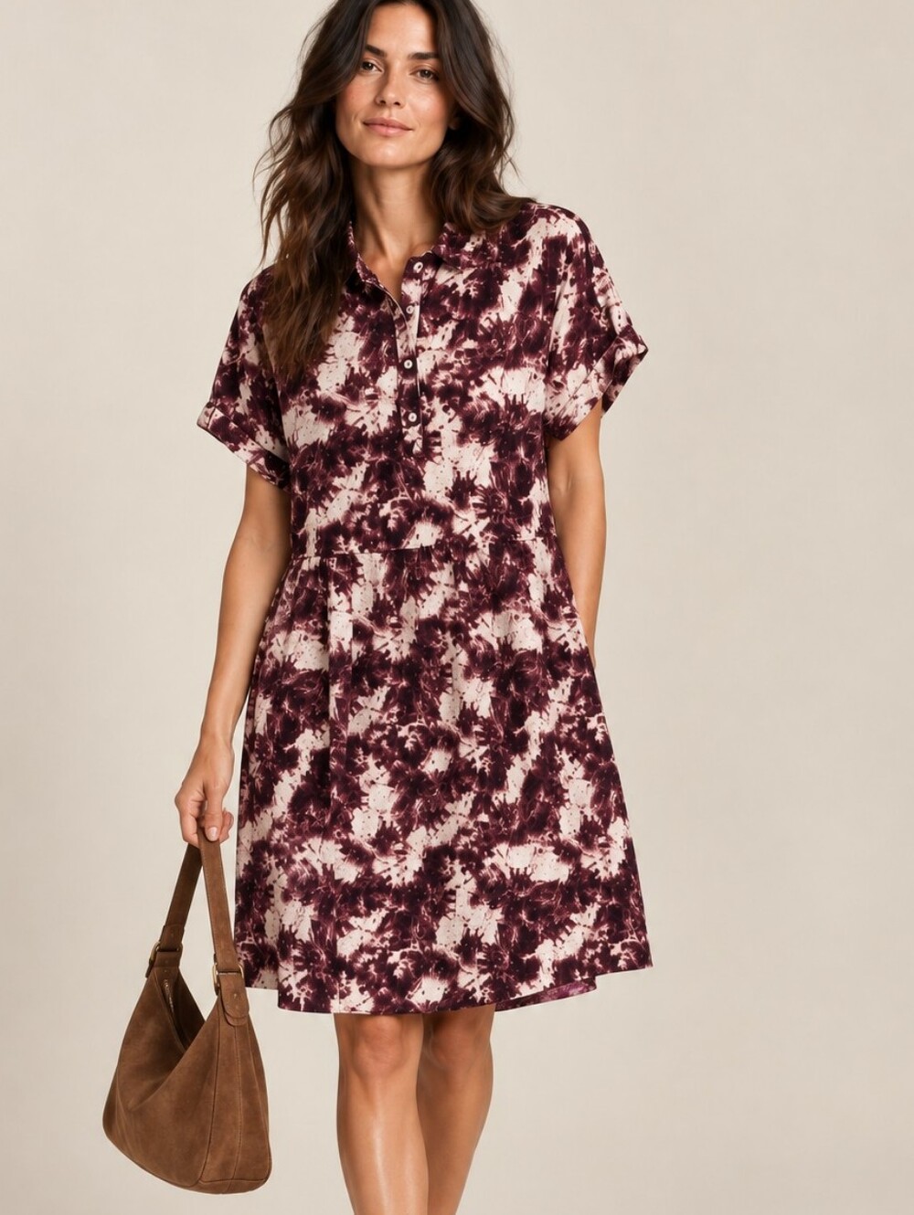 MARGAUX RIVIERA Burgundy Tie Dye Cotton Midi Shirt Dress Shirtdress Small
